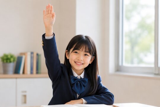 Smiling Asian schoolgirl raising her hand during a classroom lesson, representing learning, participation, confidence, education, back to school and academic engagement
