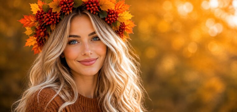 Smiling woman wearing an autumn wreath outdoors in a colorful park, enjoying nature and seasonal beauty