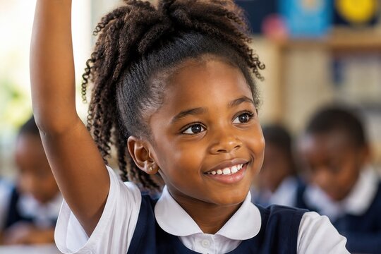 Smiling schoolgirl raising her hand in the classroom, representing education, active learning, student participation, school life and academic engagement