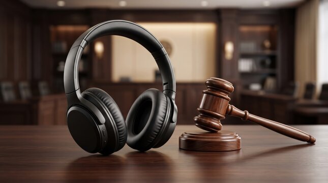 Black headphones and a wooden judge gavel representing music law, copyright protection, intellectual property, licensing, royalties and legal rights in the music industry