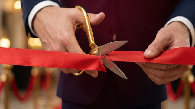 Businessman cutting a red ribbon with ceremonial scissors during an opening event, representing grand opening, inauguration, celebration and business launch