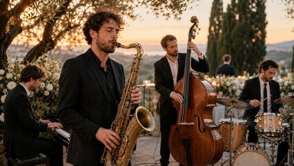 Fototapeta premium Reception live jazz band – Multiracial jazz band female saxophonist with piano trio stock image