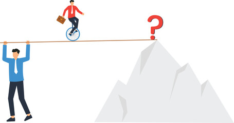 Businessman riding unicycle tightrope walking financial risk corporate support uncertainty symbol difficult journey reaching goal problem solving balancing act mountain peak question mark © Mr Fikh 