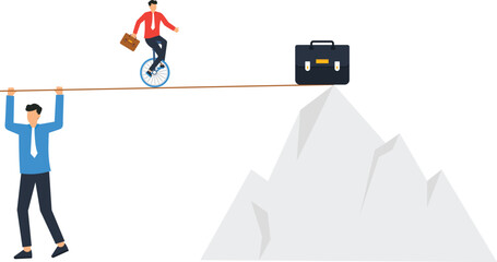 Business challenge tightrope walker balancing unicycle across mountain peak seeking corporate success and financial risk management showing competitive environment © Mr Fikh 