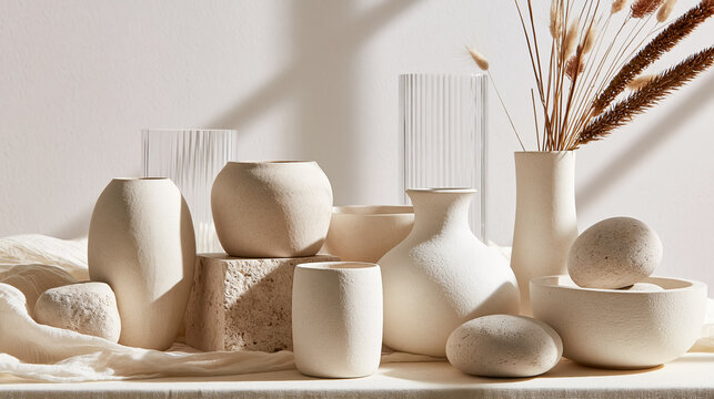 Neutral ceramic vases, bowls, and decorative stones creating a wabi sabi inspired still life with dried grass and sun shadows