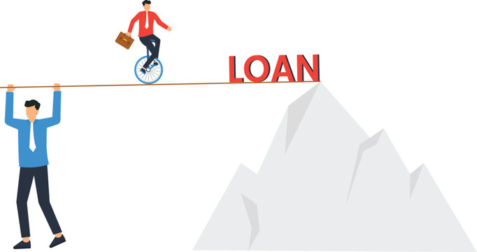 Financial risk tightrope walk business challenge loan debt metaphor balancing act mountain obstacle corporate struggle economic pressure difficult path unicycle ride