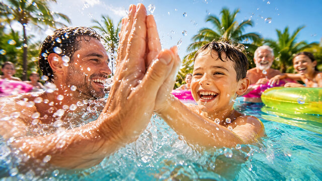 Father and Son High Five in Pool with Multigenerational Family