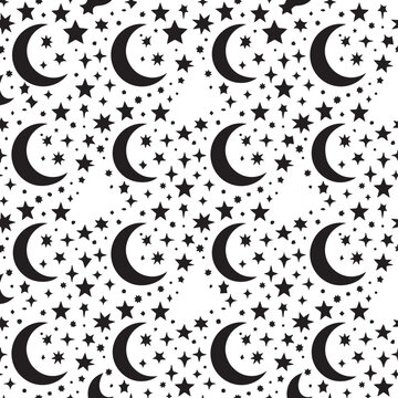 Abstract repeating pattern features crescent moons and star clusters on a monochrome background.