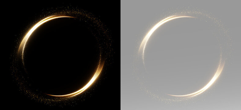 Smooth glowing gold circle formed by curved light streaks, bright circular ring isolated as an elegant energy overlay effect