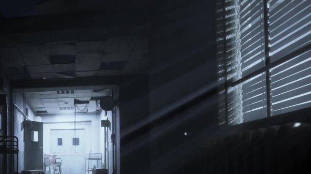 Sunlight streams through the blinds onto the floor of a long corridor. The scene shows chairs and a doorway leading to another room. Dust particles float in the light.
