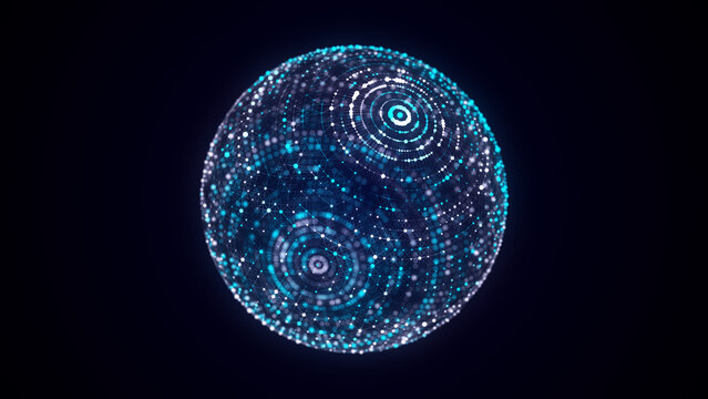 Abstract blue sphere with connecting dots and lines. Wireframe technology sphere. Big data visualization. 3d rendering.