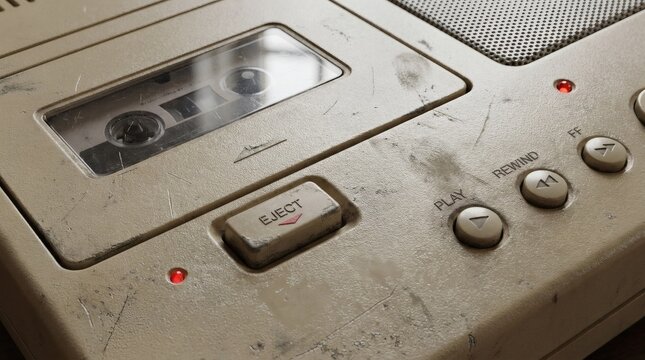 Worn Vintage Cassette Player Close-up: Dirty Analog Tape Recorder with EJECT, PLAY, REWIND, FF Buttons, Visible Tape, and Glowing Red Lights, Reflecting Retro Audio Technology.
