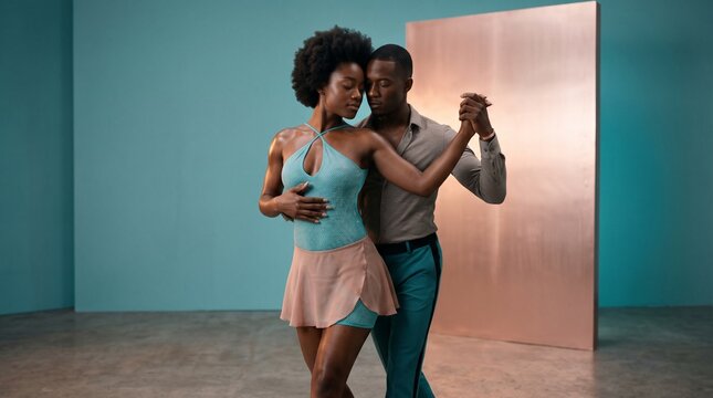 Kizomba Dancers in Slow Controlled Movement with Turquoise Crystal Knit Dress and Rose Gold Chiffon in Editorial Studio