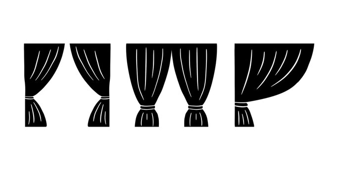 Black silhouette icons of curtains and stage drapes in various styles isolated on a transparent background for design elements and creative ideas