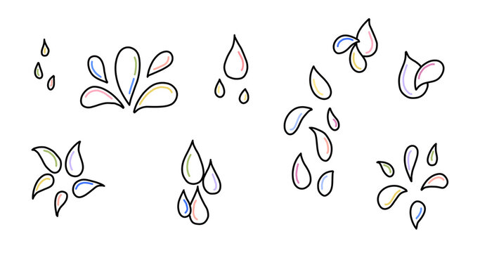 Collection of cute hand drawn water drops and splash doodles isolated on transparent background, minimalist pastel colored liquid sketch design elements.