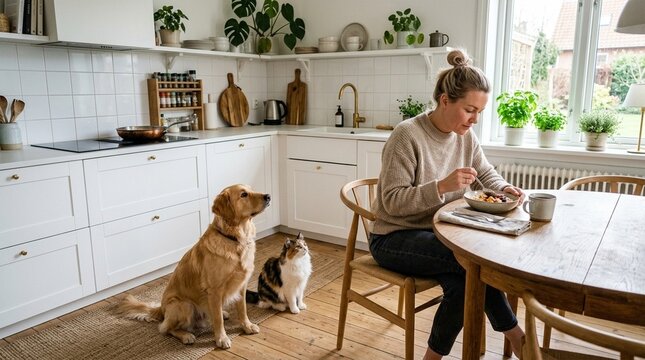 A cheerful woman baking bread in a bright modern kitchen, rustic countertop setting, perfect for food blogging or culinary content, conveys warmth and domestic comfort