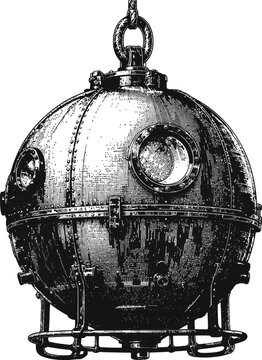 Vintage engraved illustration of a spherical deep sea diving bell or bathysphere, featuring a viewing porthole and suspension ring at the top.