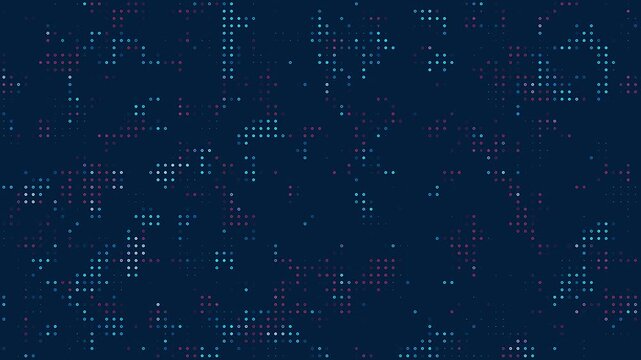Abstract digital background featuring glowing blue and pink particle dots arranged in dynamic patterns on a dark navy backdrop. Ideal for technology, data, networking, presentations, 