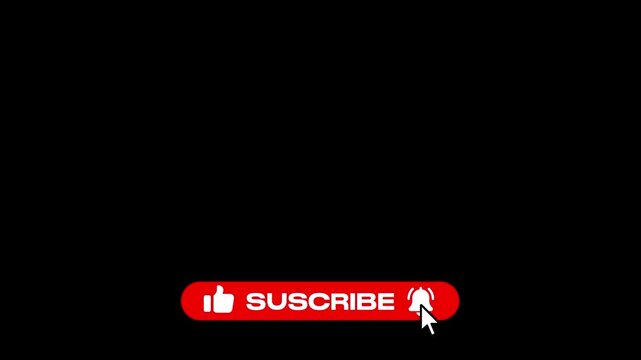 4K animation of a red subscribe button with notification bell, like icon, and mouse cursor click on a black background. Minimal call-to-action motion graphic for video content.