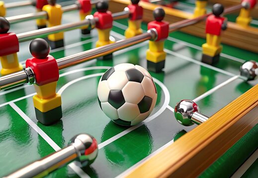 Close up of a foosball table with red and yellow players and a soccer ball on the green pitch
