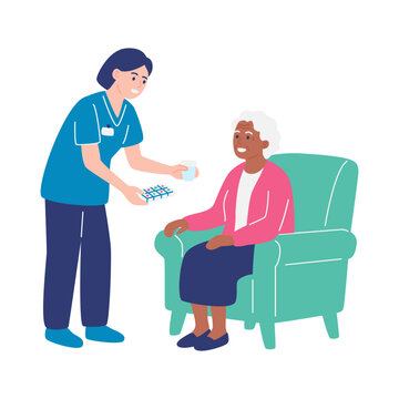 Nurse giving medication and glass of water to senior woman in armchair, elderly home healthcare concept, minimal flat vector illustration