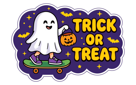 Cute ghost skateboarding with pumpkin bucket and trick or treat typography for halloween sticker vector illustration