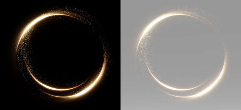 Elegant gold light ring formed by glowing curved streaks, smooth circular frame isolated for luxury overlay and magical effects