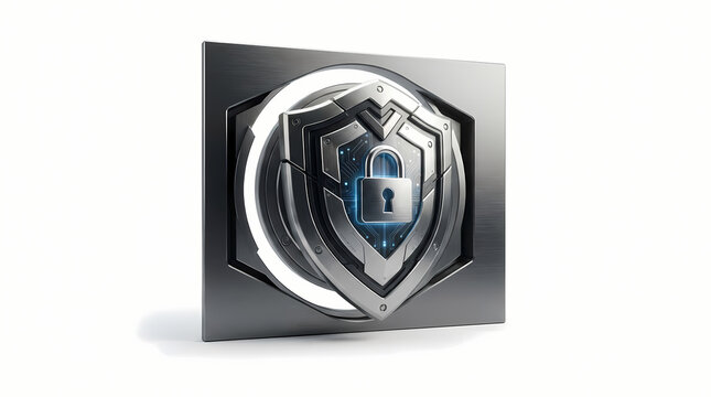 Cyber security shield with digital padlock on dark metallic background