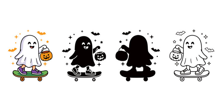 Cute skateboarding ghost cartoon character set in colored outline and black silhouette styles for halloween vector illustration