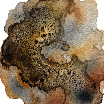 A highly detailed watercolor texture featuring pigment granulation in deep earth tones on a rough cold-press paper surface.