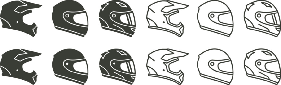 Vector icon set of motorcycle helmets including motocross racing and full face gear safety protection concepts