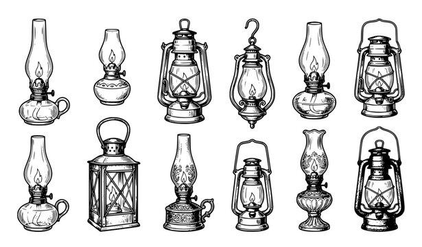Vintage kerosene lamps and burning oil lanterns collection black and white retro vector illustration