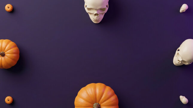 Sparse pumpkins and skulls floating on dark purple background with wide copy space