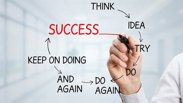 The process of achieving success, illustrated with a circular diagram showing Think, Idea, Try, Do, Do Again, And Again, Keep on Doing, and finally Success with a person's hand writing on it