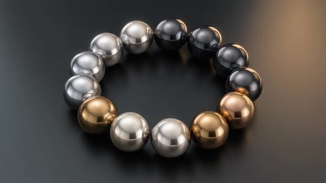 Shiny metallic spheres arranged in a circular pattern with gold silver and black colors on dark background