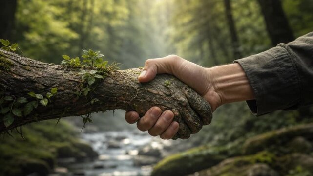 Human hand shaking tree branch hand in forest nature environment connection concept