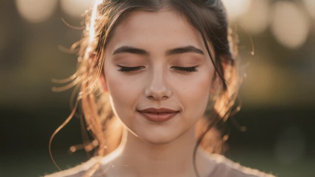 Close up portrait of peaceful young woman with closed eyes enjoying calm moment in soft natural light