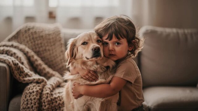 Adorable little child hugging golden retriever dog on cozy sofa at home