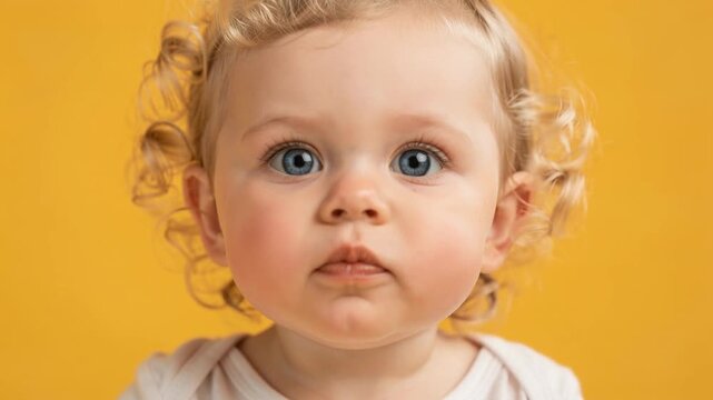 Close up portrait of adorable baby with curly blonde hair and blue eyes on yellow background