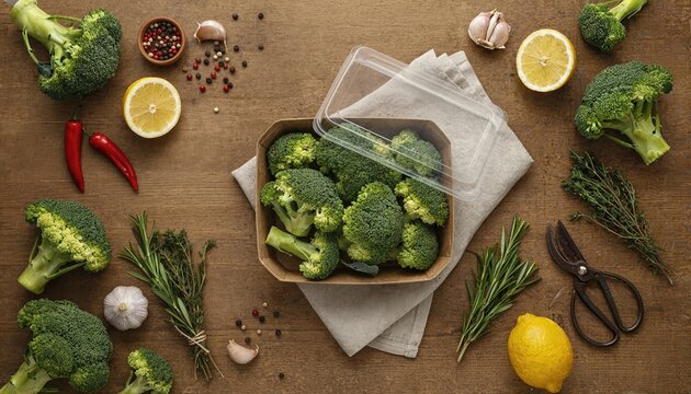 Rustic arrangement of fresh broccoli florets in artisanal packaging