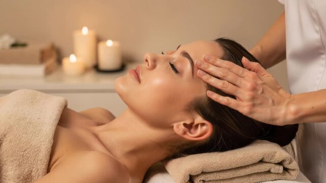 Relaxing woman receiving soothing forehead massage in spa with candles and soft towels