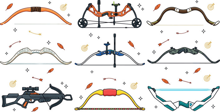 Archery bow vector set featuring traditional longbow modern compound bow futuristic recurve bow tactical crossbow target hunting and sport shooting equipment