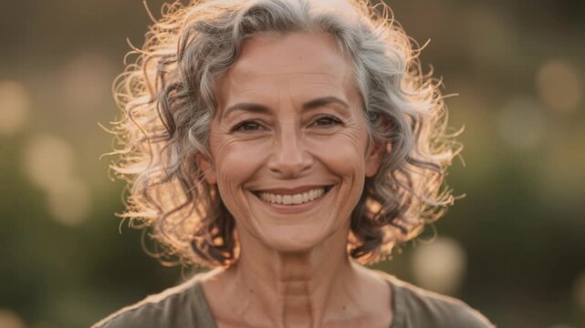 Happy mature woman smiling outdoors with curly gray hair in natural warm sunlight