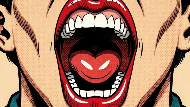 Close up of open mouth with red lips shouting in pop art comic style vibrant illustration