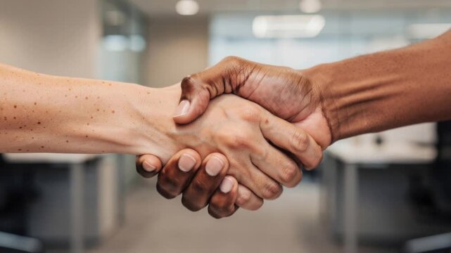 Close up of diverse hands shaking showing partnership unity trust and business agreement in office environment