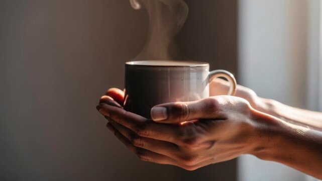 Close up of hands holding a steaming cup of coffee or tea with soft natural light