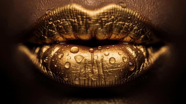 Close up of glossy gold lips with water droplets shimmering on skin in dark lighting