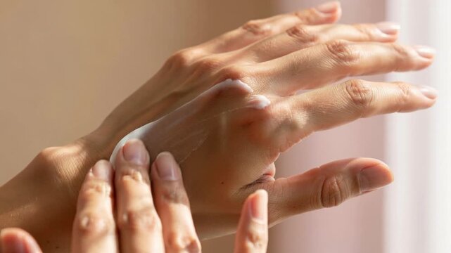 Close up of hands applying moisturizing cream for dry skin care and healthy beauty routine