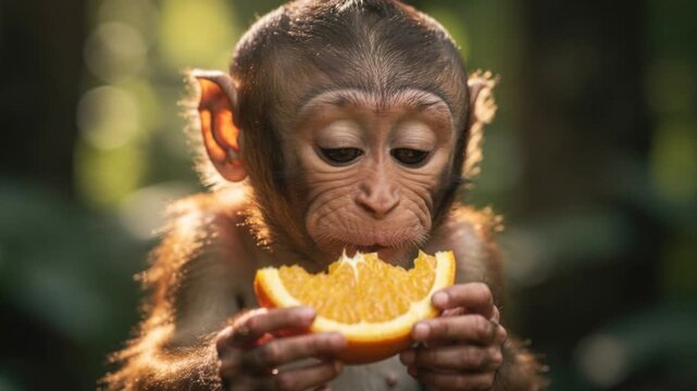 Close up of baby monkey eating fresh orange fruit in natural green forest environment