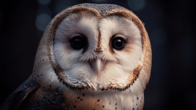 Close up of a barn owl with detailed feathers and dark eyes in a natural dark background